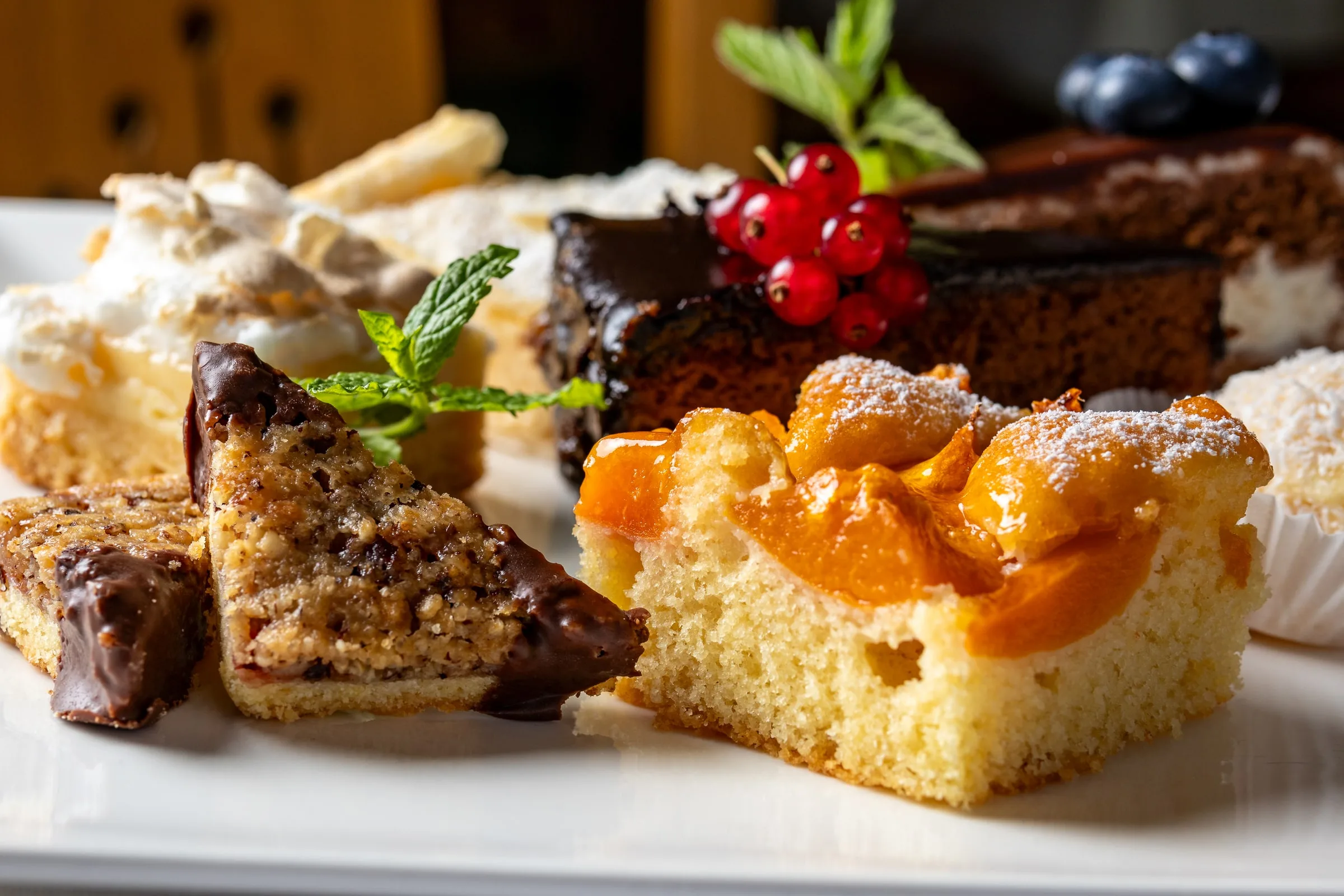 Kuchenteller mit Marillenkuchen, Schokolade und Ribiseln