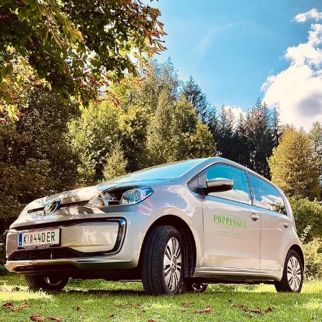 Der silberne VW e-up des Poppengut auf der Wiese